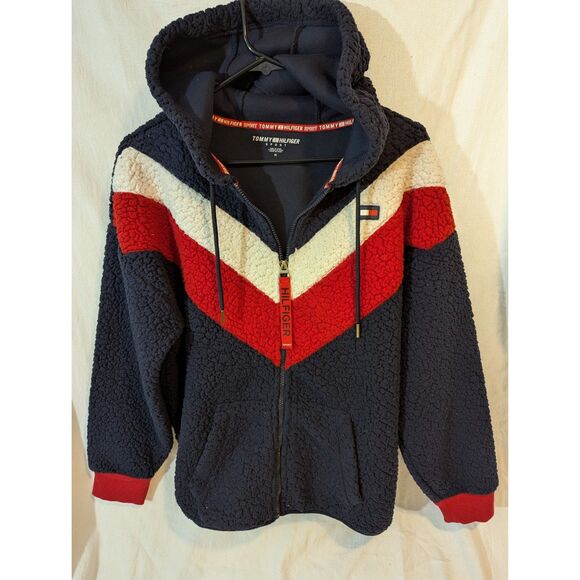 Tommy Hilfiger Sport Womens Sherpa Fleece Jacket Medium Navy Red Wht Zip Hoodie - Picture 1 of 8